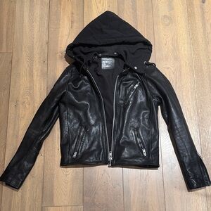 All Saints Men’s Black Leather Biker Jacket with Detachable Hood Medium